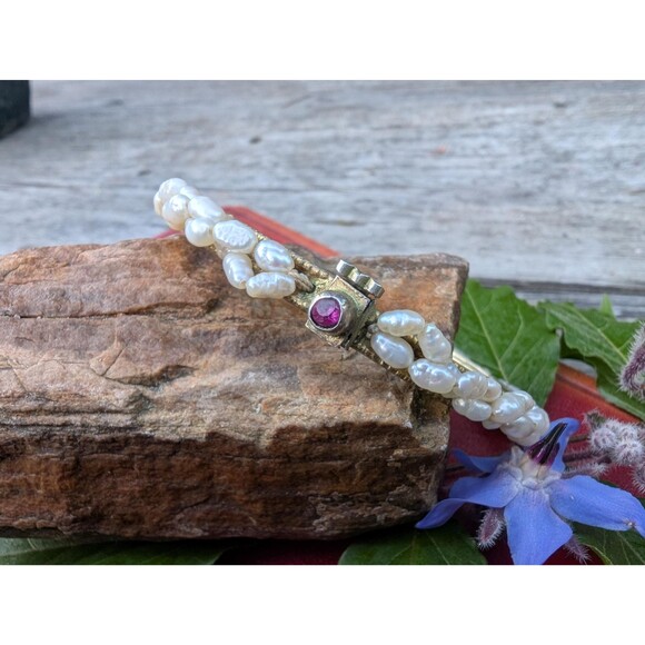 Vintage Gold Vermeil Pearl and Ruby Bangle Bracelet, Sterling Dowry Bracelet - Picture 1 of 10